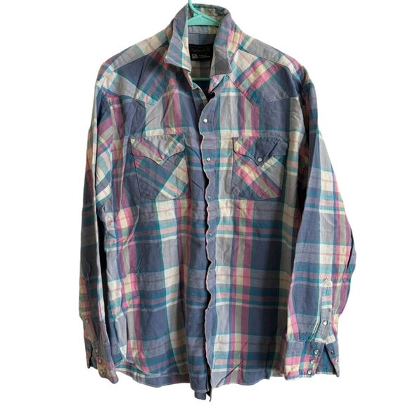 Vtg Panhandle Slim Western Cowboy Pearl Snap Shirt Pastel Plaid Men's Large H2 - Picture 1 of 8